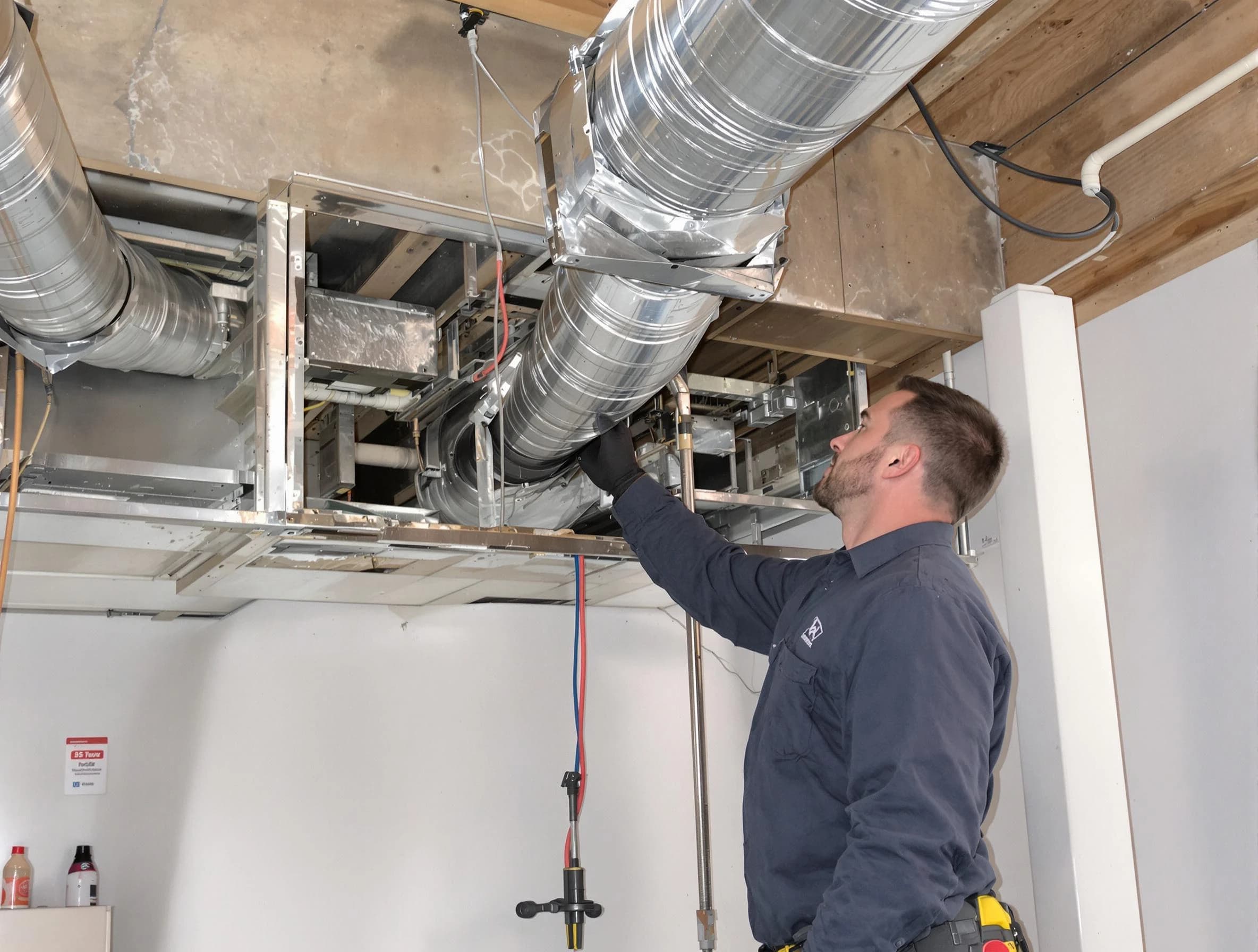 San Bernardino Air Duct Cleaning technician performing professional air duct repair using specialized tools in San Bernardino
