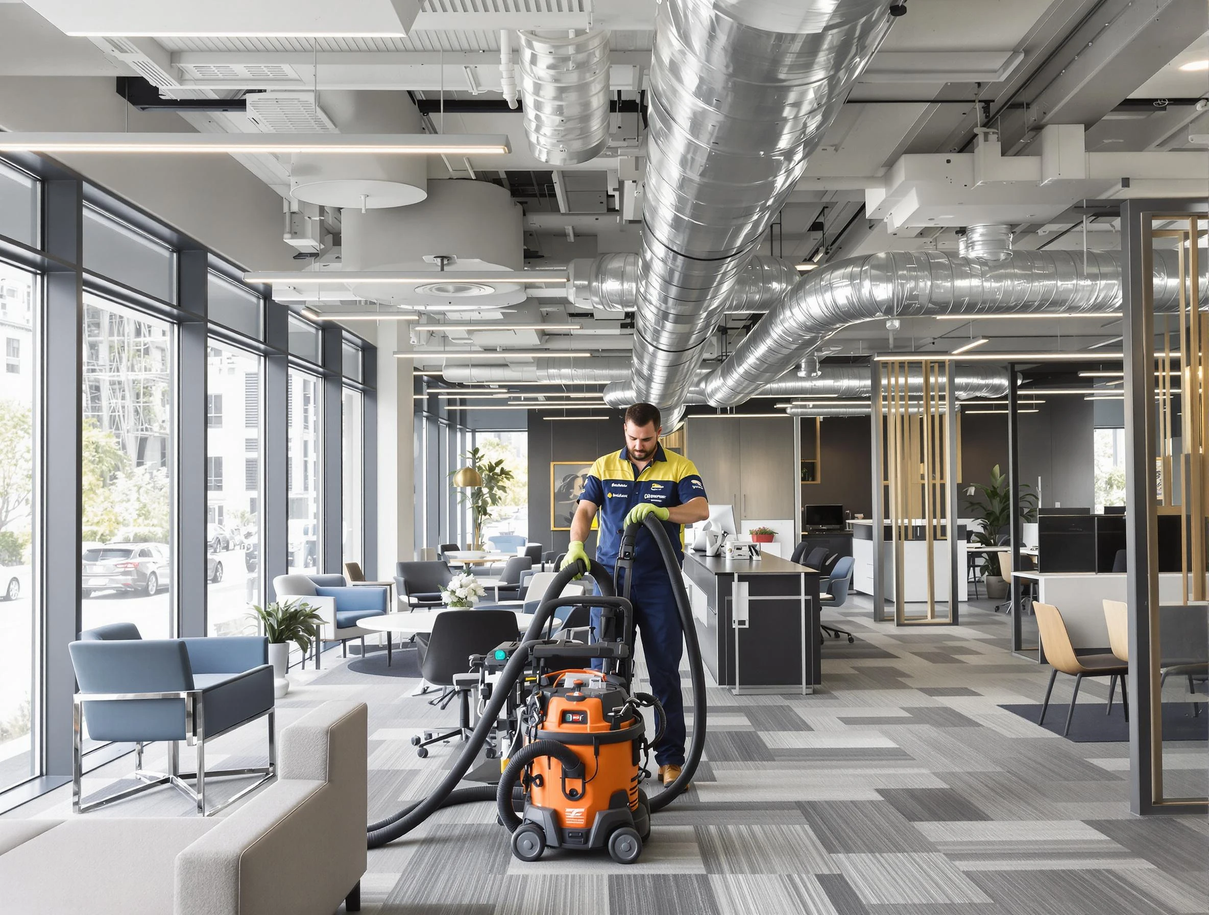 San Bernardino Air Duct Cleaning team performing thorough commercial duct cleaning at a San Bernardino business center